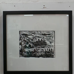 Original Linocut Of Ship At Sea