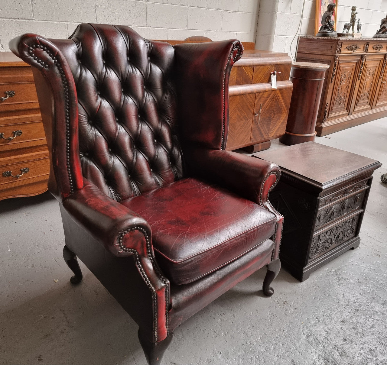 Oxblood Leather Button Back & Winged Lounge Chair