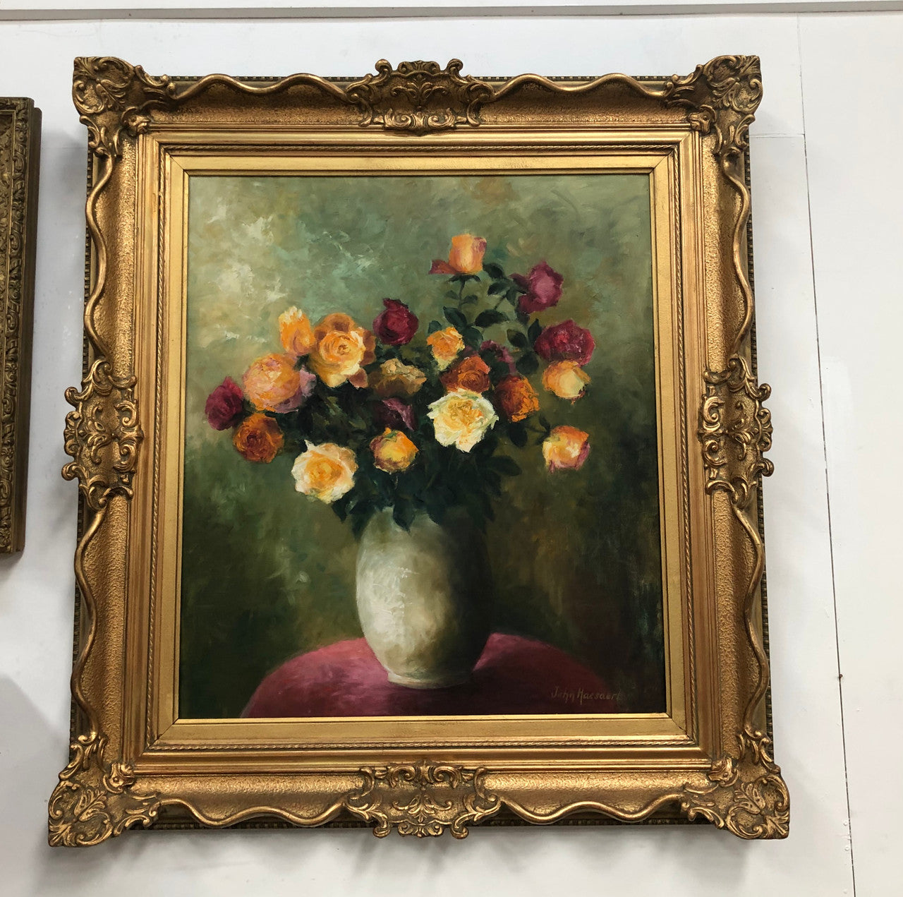 Vintage sourced in France, Belgium signed oil on canvas of a "Floral Study". Stunning vibrant colours and in a original gilt frame. In good original detailed condition.