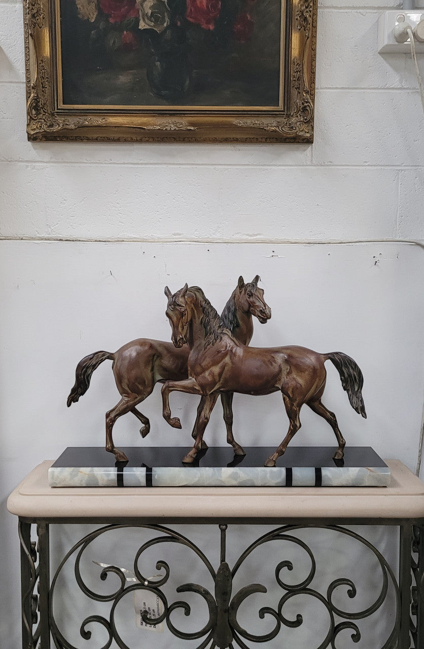 Art Deco Patinated Bronze French Spelter Horses on Marble Base | Antique & Vintage | Moonee Ponds Antiques | Australia Wide Delivery