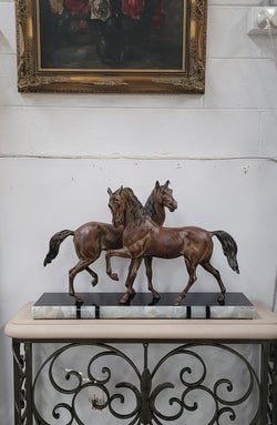 Art Deco Patinated Bronze French Spelter Horses on Marble Base | Antique & Vintage | Moonee Ponds Antiques | Australia Wide Delivery