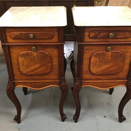 Pair Of White Marble Top Mahogany Bedside Cabinets