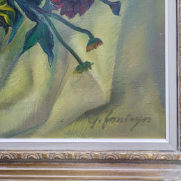 Large vibrant French oil on canvas of flowers and signed “Y.Fonteyn". In an amazing gilt frame and is in good original condition.