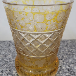 Antique Amber Bohemian acid etched and wheel engraved crystal vase. It has a stunning frieze of vine branches and a star cut base. It is in good original condition, please view photos as they help form part of the description.