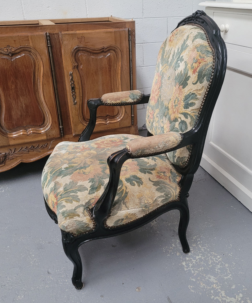 Antique 19th Century Louis XV Style Ebonized Upholstered Armchairs | Antique & Vintage | Moonee Ponds Antiques | Australia Wide Delivery