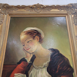 Large gilt framed signed oil on canvas portrait of a maiden readings. In good original detailed condition.