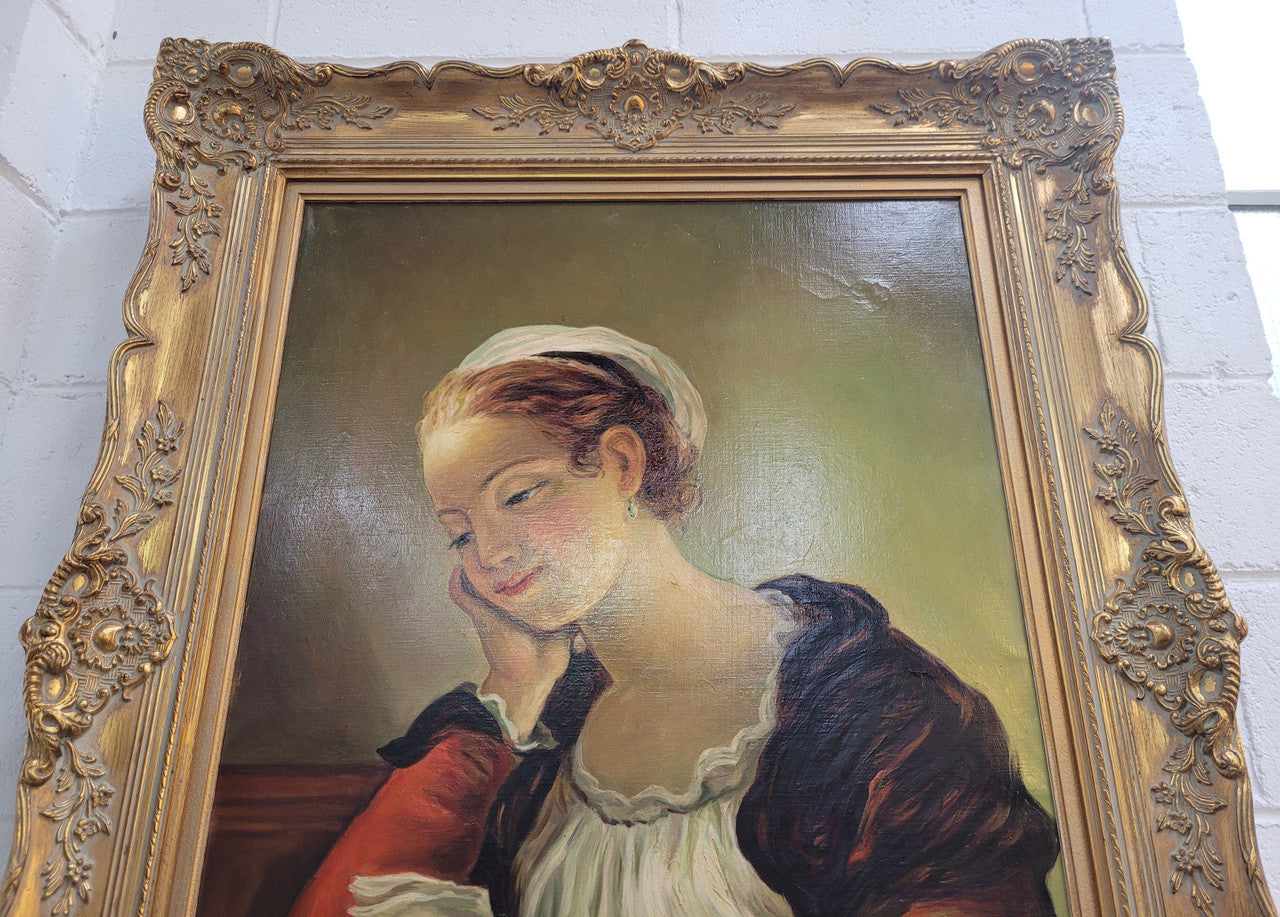 Large gilt framed signed oil on canvas portrait of a maiden readings. In good original detailed condition.
