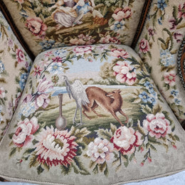 Pair of amazing French Walnut tapestry covered armchairs. The tapestry is in very good condition, please view photos as they form part of the description. Sourced from France and is in good original detailed condition.