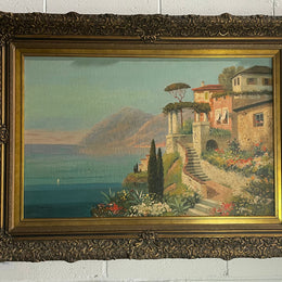 Superb gilt framed oil painting of Italian coastal scene. Sourced from France and is in good original detailed condition.