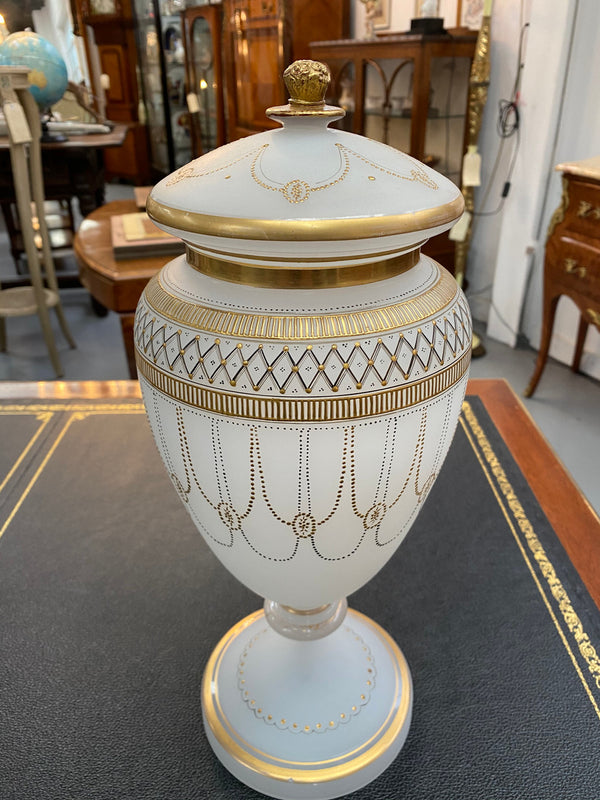 Classical Victorian milk glass & gilt decorated urn/vase. In good condition.