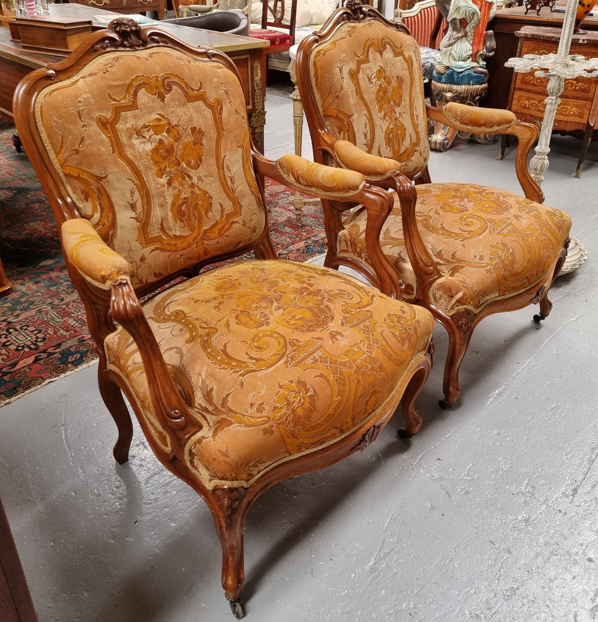 Pair of Amazing Louis XV Style Walnut & Tapestry Fauteuils