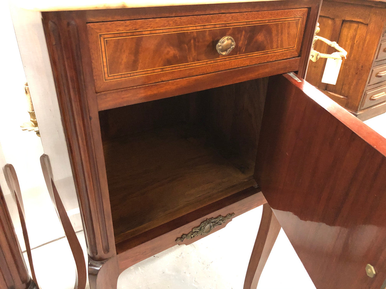 Beautiful Pair Of French Flame Mahogany Bedsides | Antique & Vintage | Moonee Ponds Antiques | Australia Wide Delivery