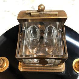 Round Art Deco Brass & Glass Ink Well