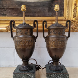 Antique pair of beautiful French urns on marble table\bedside lamps. In good original detailed working condition .