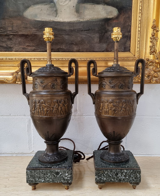 Antique pair of beautiful French urns on marble table\bedside lamps. In good original detailed working condition .