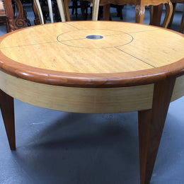 Lovely Vintage round Mahogany and blonde wood coffee table by (Alexander J Cook). It is in good original condition.