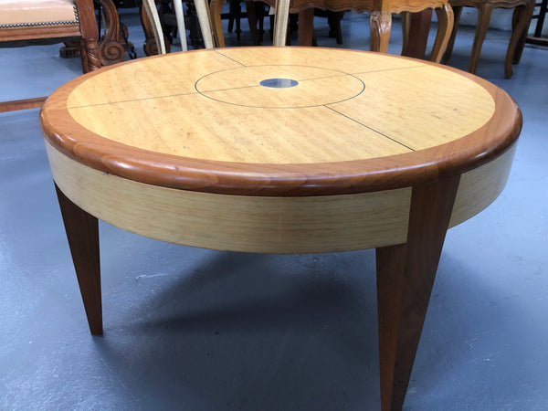 Lovely Vintage round Mahogany and blonde wood coffee table by (Alexander J Cook). It is in good original condition.