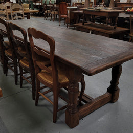 Amazing 2.65 meter French Elm Refectory dining table with loads of rustic charm. This table has been sourced from France and can comfortably seat ten people. It is in good original detailed condition.