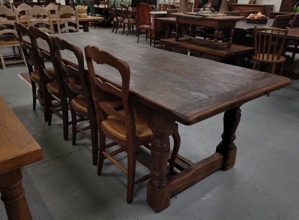 Amazing 2.65 meter French Elm Refectory dining table with loads of rustic charm. This table has been sourced from France and can comfortably seat ten people. It is in good original detailed condition.