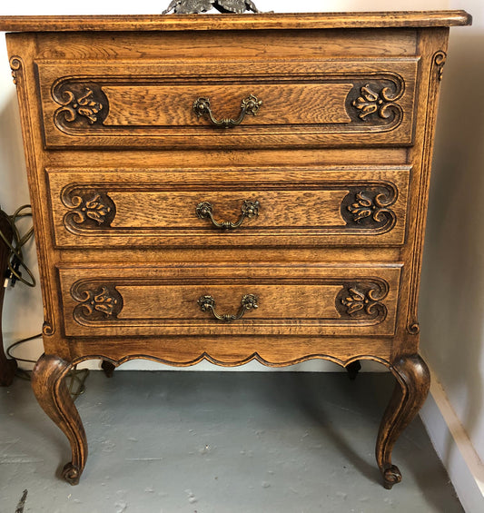 Vintage French Oak three drawer chest. In good original detailed condition.