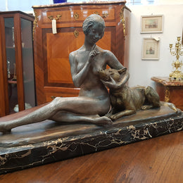 French Art Deco Lady & German Shepherd Bronze