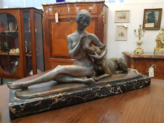 French Art Deco Lady & German Shepherd Bronze