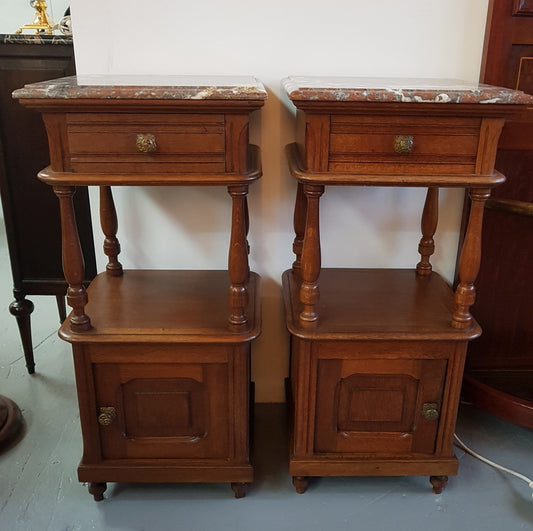 Pair of French Oak Marble Top Bedside Cabinets