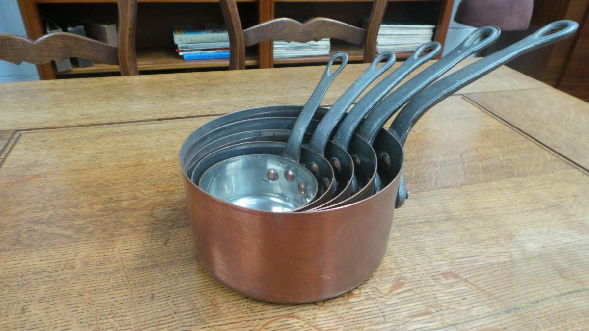 Set of Five French Copper Saucepans