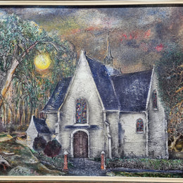 Beautiful large signed French oil on canvas painting, depicting a church/landscape in original gilt frame.