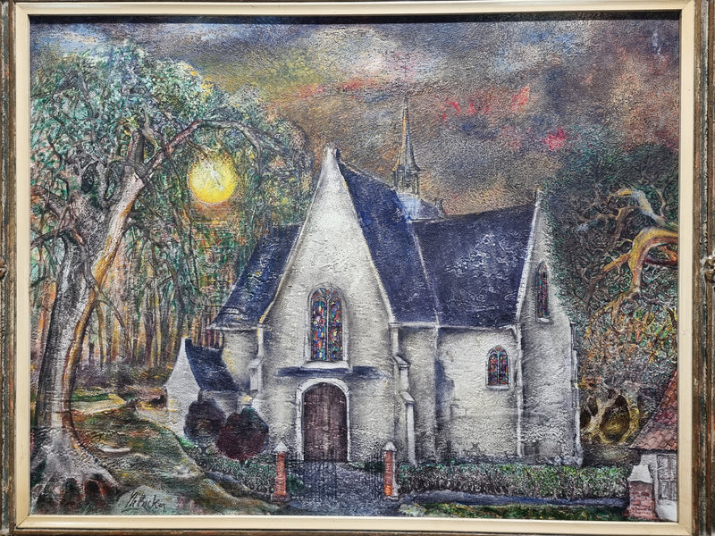 Beautiful large signed French oil on canvas painting, depicting a church/landscape in original gilt frame.