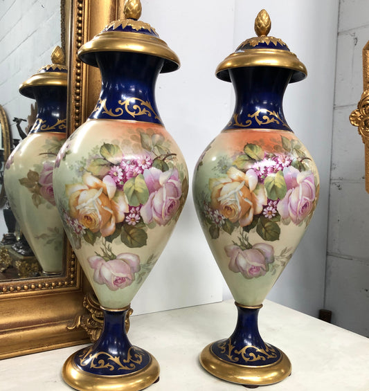 Pair Of French Antique Flower Decorated Vases