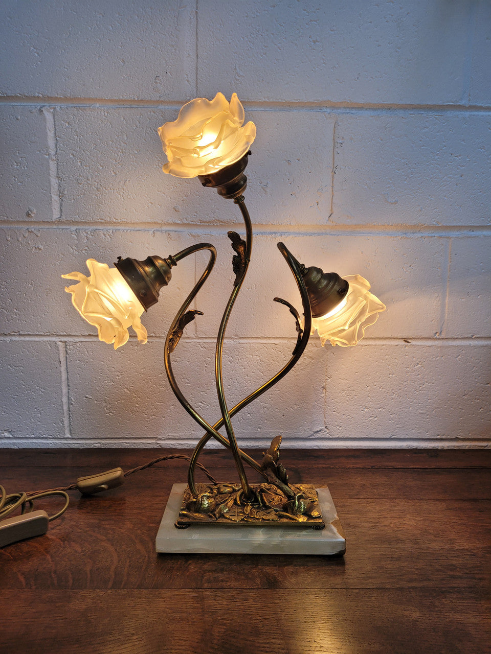 Art Deco Alabaster & Gilt Brass Table Lamp With Three Branches | Antique & Vintage | Moonee Ponds Antiques | Australia Wide Delivery