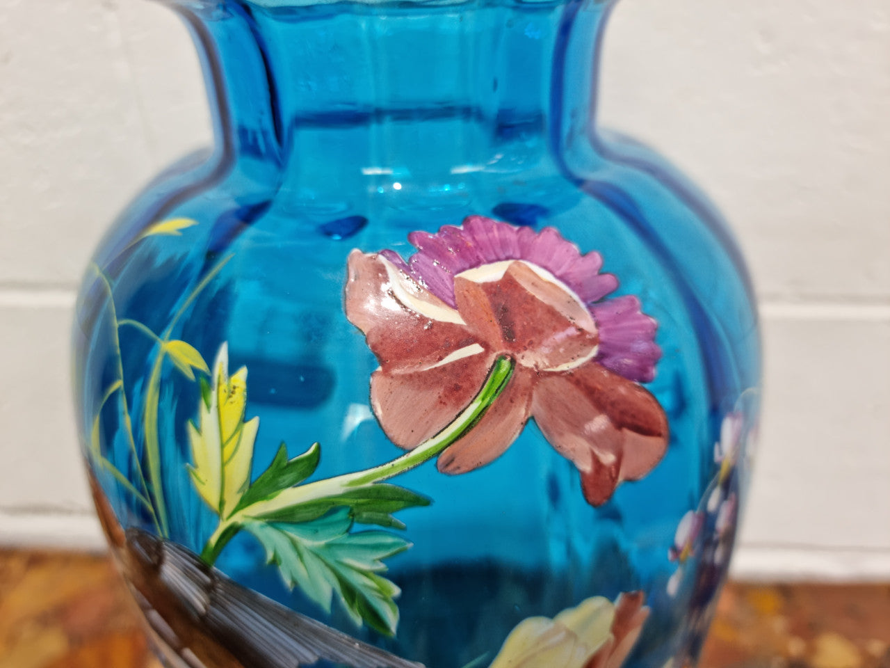 Decorative Victorian Enameled Hand Painted Blue Glass Vase "Bird and Flower Scene" | Antique & Vintage | Moonee Ponds Antiques | Australia Wide Delivery