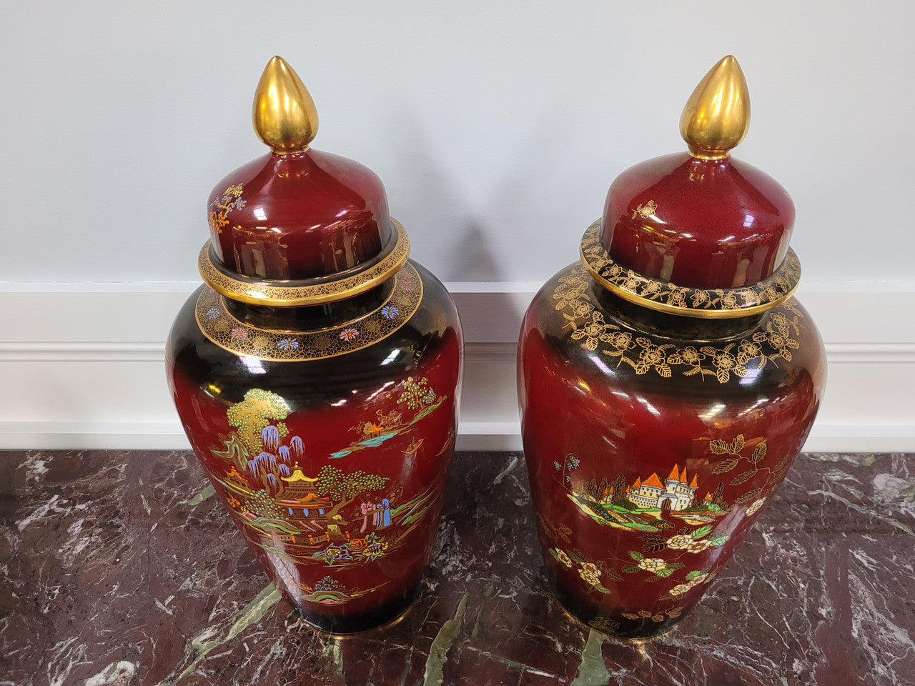 Matched Pair of Very Large Crown Devon Hand Painted Ruby Lustre Vases | Antique & Vintage | Moonee Ponds Antiques | Australia Wide Delivery