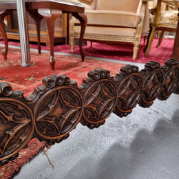 Sourced from France is this beautiful French Oak Gothic style coffee table with lovely carved details. It is in good original detailed condition.