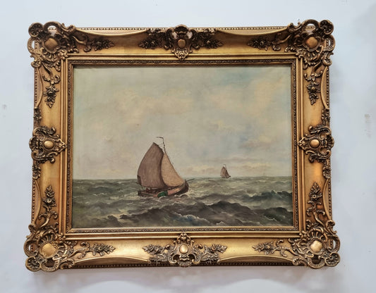 Beautiful 19th century French school oil on canvas of a ship in rough seas and framed beautifully in an ornate frame in good condition.