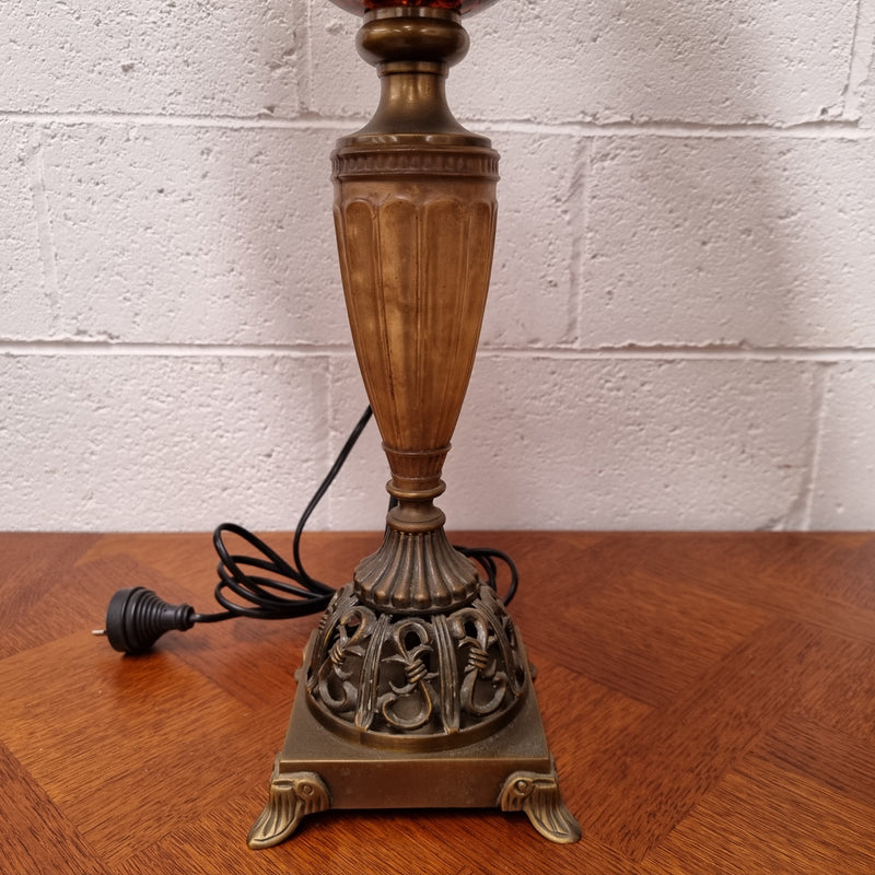 Beautiful pair of metal and glass lamp bases with new gold shades. They are in good original working condition and have been sourced locally.