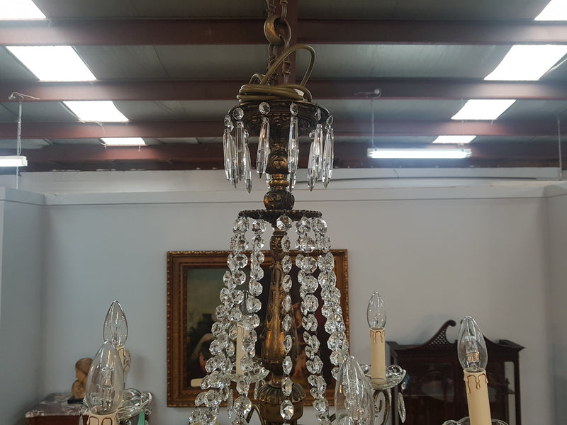 French Bronze & Crystal Six Candle Light Chandelier