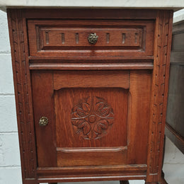 French Pair Of Oak White Marble Top Bedside Cabinets