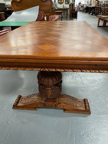 French Oak Renaissance style extension table. Extension leafs pull out either side and each leaf measures 54 cm. This allows you to use the table at three different sizes depending on your needs.