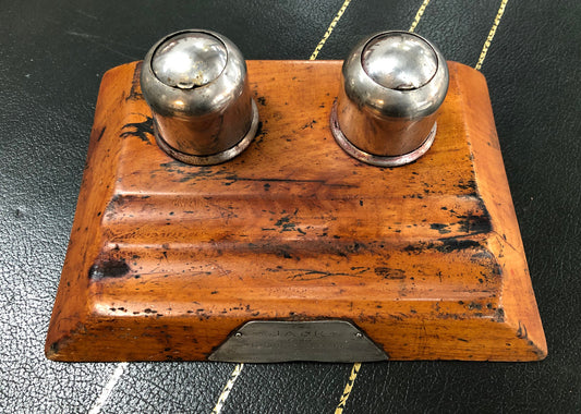 Rustic Cedar & Chrome dual ink well with plaque. Is in good original condition.