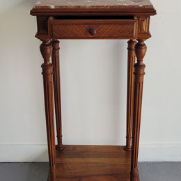 Louis XVI style Walnut lamp/side table with drawer and marble top. In good original detailed condition.