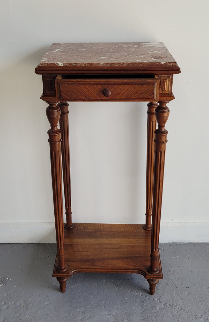 Louis XVI style Walnut lamp/side table with drawer and marble top. In good original detailed condition.