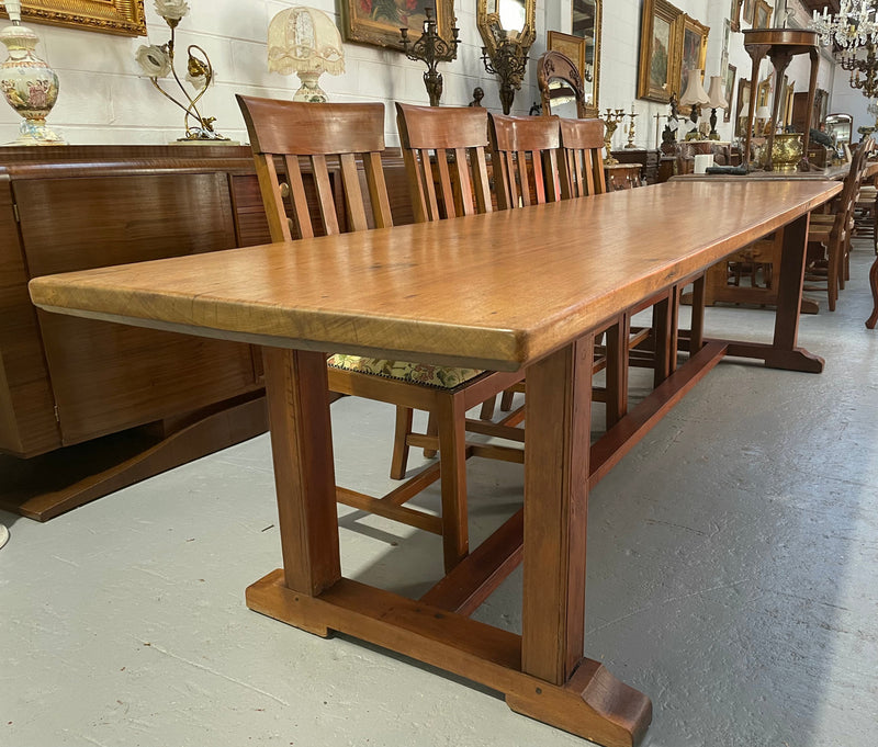 Rare 19th Century French Mahogany 3.1 m pedestal farmhouse table. It has an original wax finish and is in good original detailed condition.