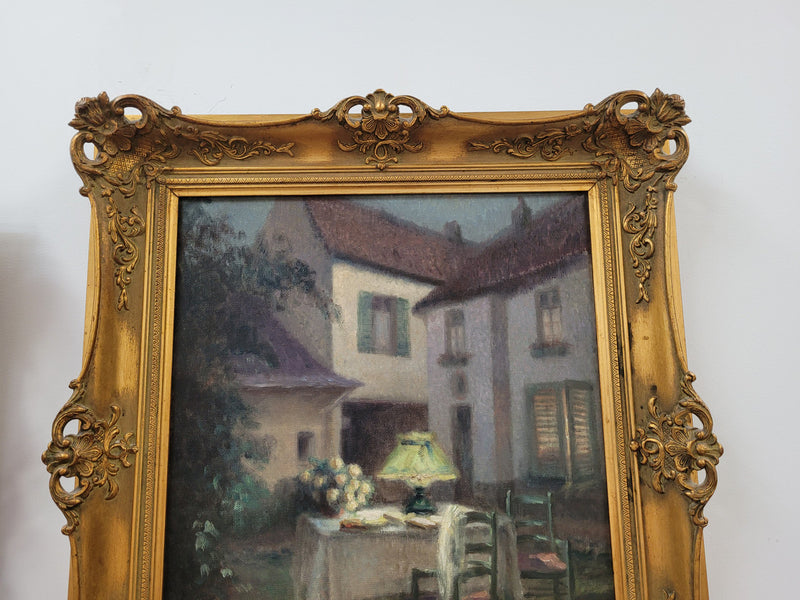 French Antique gilt oil on canvas "Garden Scene". It is signed and is in good original detailed condition.