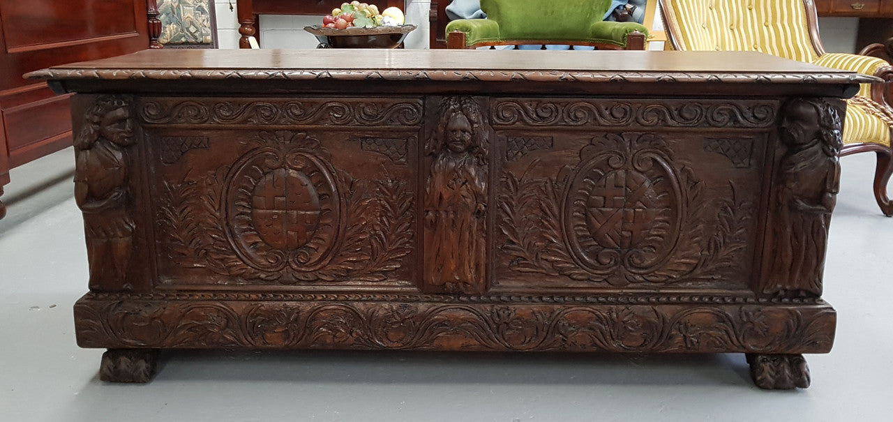 Antique Mahogany Heavily Carved Coffer Chest Blanket Box