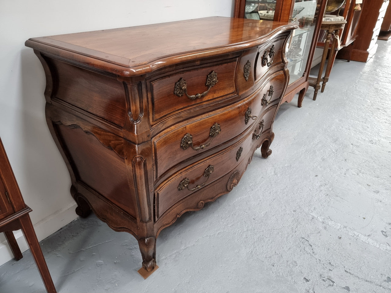 Rare Wooden Top Walnut Louis XV Style Three Drawer Bombe Commode | Antique & Vintage | Moonee Ponds Antiques | Australia Wide Delivery