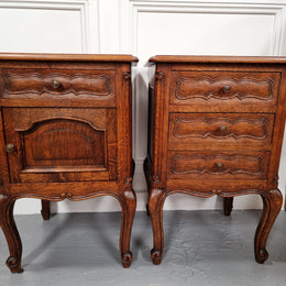 Pair of French provincial  Oak bedsides. They have attractive cravings and there is one with three drawers and other one has a cupboard and a drawer. They have been sourced from France and are in good original detailed condition.
