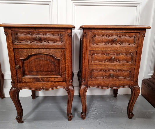 Pair of French provincial  Oak bedsides. They have attractive cravings and there is one with three drawers and other one has a cupboard and a drawer. They have been sourced from France and are in good original detailed condition.
