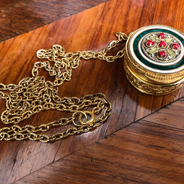 Vintage Gilt French Enamel Pill Box On Chain